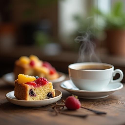 Una taza de café humeante junto a una porción de pastel de frutas en una mesa de madera rústica
