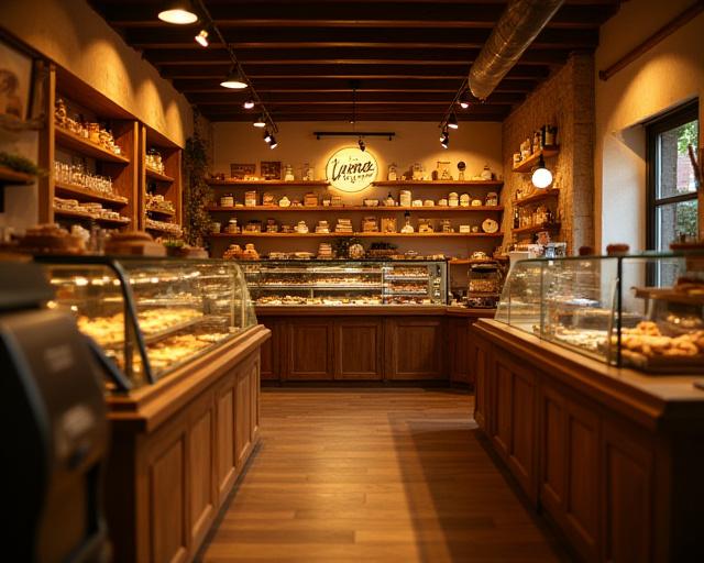 Interior acogedor de la panadería Luna Amasada con estanterías de madera repletas de productos y luz cálida