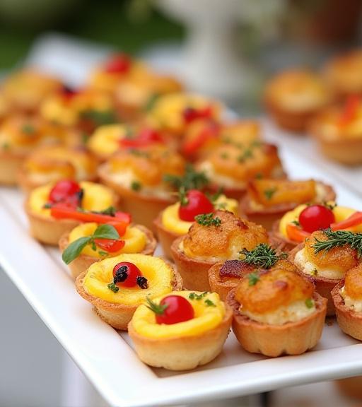 Bandeja variada con pequeños bocadillos salados, mini-quiches y pasteles en miniatura para un evento de catering
