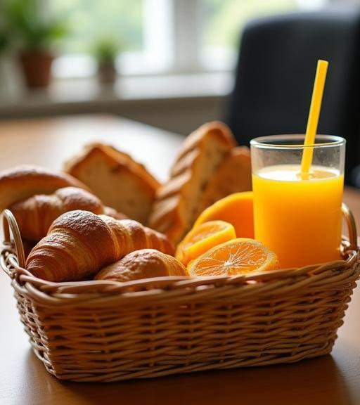 Cesta de mimbre con croissants recién horneados, rebanadas de pan artesanal, mermeladas caseras y zumo de naranja natural