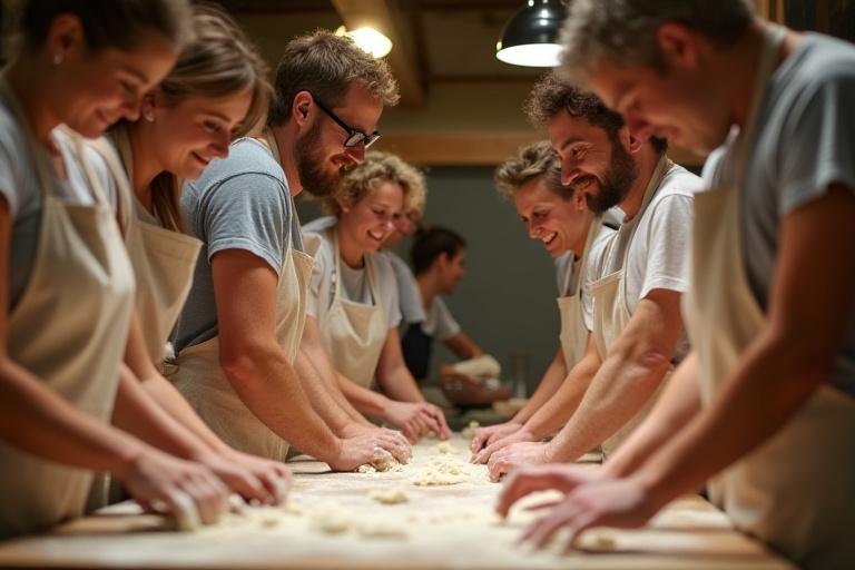 Un grupo de personas sonrientes, con delantales, amasando pan sobre una mesa de madera durante un taller de panadería